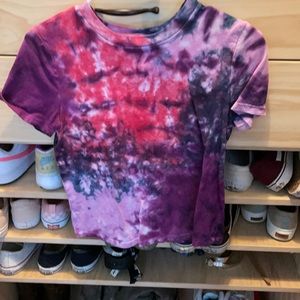 Purple tie dye top, slightly cropped.